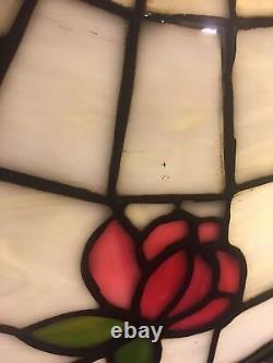 Antique American Mosaic Leaded Stained Glass Lamp with Pink Flowers