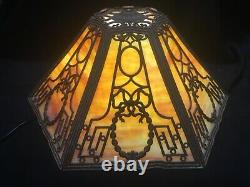 Antique Art Deco Slag Stained Glass Panel Lamp Shade Only Neoclassical Style