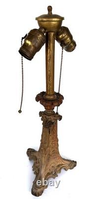 Antique Art Nouveau Cast Iron Stained Glass Electric Lamp e