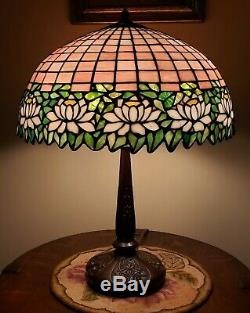 Antique Arts & Crafts Handel Leaded Slag Stained Glass Water Lily Table Lamp