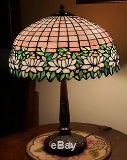 Antique Arts & Crafts Handel Leaded Slag Stained Glass Water Lily Table Lamp