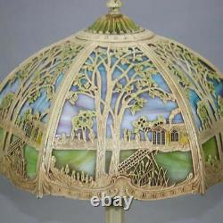 Antique Arts & Crafts Miller Overlay Landscape Slag Glass Lamp, Circa 1920