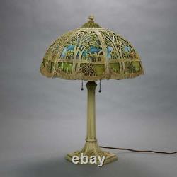 Antique Arts & Crafts Miller Overlay Landscape Slag Glass Lamp, Circa 1920