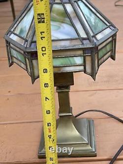 Antique Arts & Crafts Slag Stained Glass Shade & Solid Cast Brass Lamp