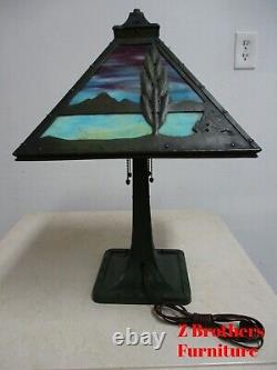 Antique Arts and Crafts Metal Stained Glass Craftsman Table Lamp