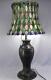 Antique Asian Champleve Bronze Table Lamp & Leaded Stained Glass Shade With Jewels