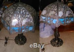 Antique Forest Scene Miller Hubbard 6-Panel Curved Slag Stained Glass Lamp
