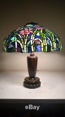 Antique Handel Lamp Base #7036 withLeaded Bamboo Style Stained Glass Shade