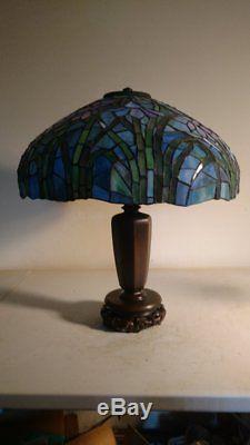 Antique Handel Lamp Base #7036 withLeaded Bamboo Style Stained Glass Shade