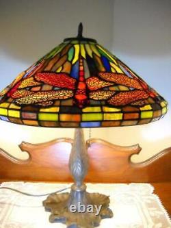 Antique Leaded Stained Glass Dragonfly Table Lamp Tiffany Style 20