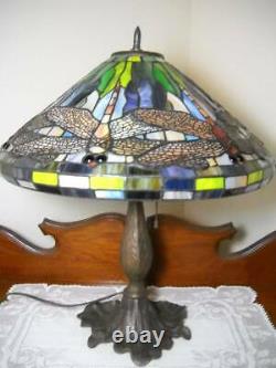 Antique Leaded Stained Glass Dragonfly Table Lamp Tiffany Style 20
