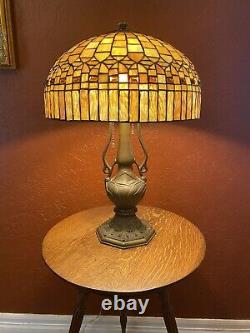 Antique Leaded Stained Glass Shade & Solid Bronze Whaley Lamp Handel Tiffany Era