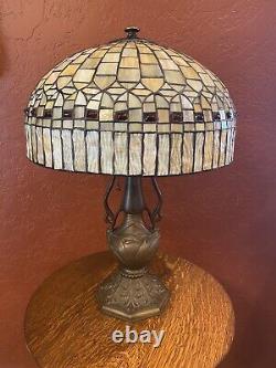 Antique Leaded Stained Glass Shade & Solid Bronze Whaley Lamp Handel Tiffany Era