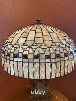 Antique Leaded Stained Glass Shade & Solid Bronze Whaley Lamp Handel Tiffany Era