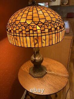 Antique Leaded Stained Glass Shade & Solid Bronze Whaley Lamp Handel Tiffany Era