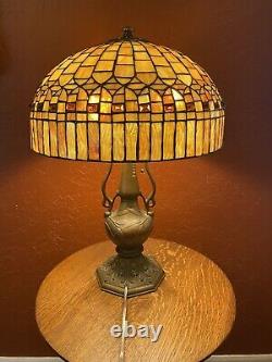 Antique Leaded Stained Glass Shade & Solid Bronze Whaley Lamp Handel Tiffany Era