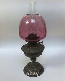 Antique Maple & Co Duplex Oil Lamp With Stained Cranberry Glass Shade