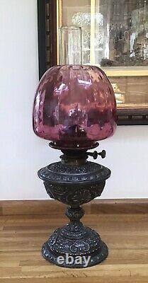 Antique Maple & Co Duplex Oil Lamp With Stained Cranberry Glass Shade