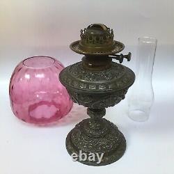 Antique Maple & Co Duplex Oil Lamp With Stained Cranberry Glass Shade