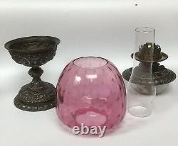 Antique Maple & Co Duplex Oil Lamp With Stained Cranberry Glass Shade