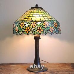 Antique Signed Handel Bronze Lamp Unique Art Glass Shade Stained Leaded Flowers
