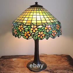 Antique Signed Handel Bronze Lamp Unique Art Glass Shade Stained Leaded Flowers