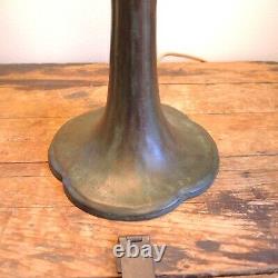 Antique Signed Handel Bronze Lamp Unique Art Glass Shade Stained Leaded Flowers