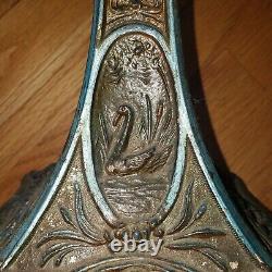 Antique Swan Theme Leaded Slag Stained Glass Lamp Base Miller Empire Parker