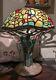Antique Tiffany Spider Web Floral Design Stain Glass With Bronze Base Lamp