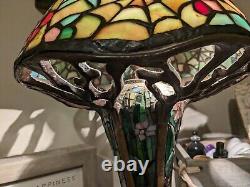 Antique Tiffany Spider Web Floral Design Stain Glass With Bronze Base Lamp