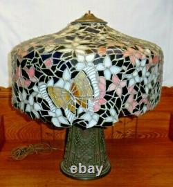 Antique Tiffany Style Leaded Stained Glass Butterfly Shade Table Lamp