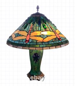 Antique Tiffany Style Stain Glass Table Lamp Dragonfly Flower Green Blue 24x20