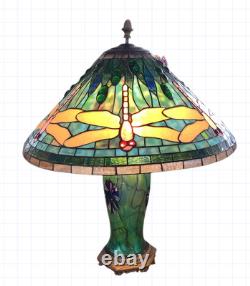 Antique Tiffany Style Stain Glass Table Lamp Dragonfly Flower Green Blue 24x20