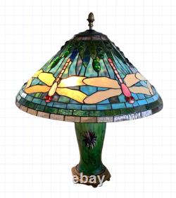 Antique Tiffany Style Stain Glass Table Lamp Dragonfly Flower Green Blue 24x20