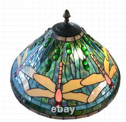 Antique Tiffany Style Stain Glass Table Lamp Dragonfly Flower Green Blue 24x20