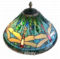Antique Tiffany Style Stain Glass Table Lamp Dragonfly Flower Green Blue 24x20