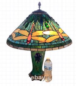 Antique Tiffany Style Stain Glass Table Lamp Dragonfly Flower Green Blue 24x20