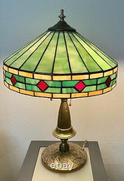 Antique Tiffany Style Stained Glass Brass Lamp Light Rare