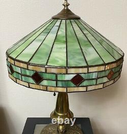 Antique Tiffany Style Stained Glass Brass Lamp Light Rare
