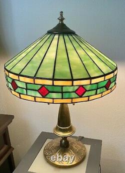 Antique Tiffany Style Stained Glass Brass Lamp Light Rare