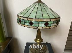 Antique Tiffany Style Stained Glass Brass Lamp Light Rare