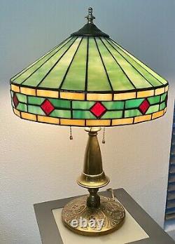 Antique Tiffany Style Stained Glass Brass Lamp Light Rare