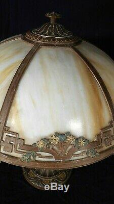 Antique Victorian Art Nouveau 6 Panel Stained Slag Glass Lamp By A&r Co