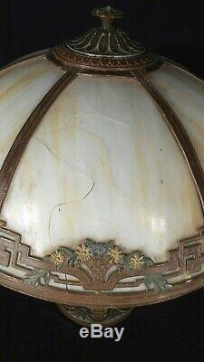 Antique Victorian Art Nouveau 6 Panel Stained Slag Glass Lamp By A&r Co