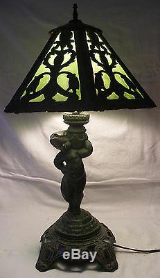 Antique Vintage Art Nouveau Stained Slag Glass Table Lamp & Shade Poul Hornison