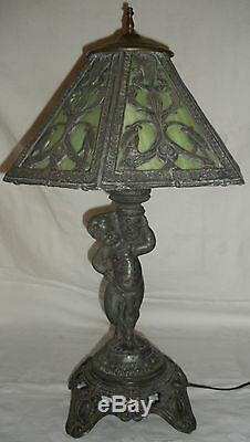 Antique Vintage Art Nouveau Stained Slag Glass Table Lamp & Shade Poul Hornison