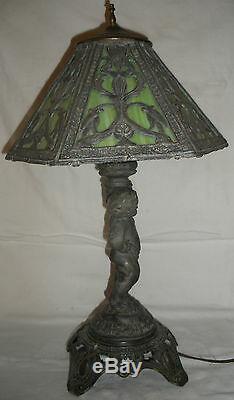 Antique Vintage Art Nouveau Stained Slag Glass Table Lamp & Shade Poul Hornison