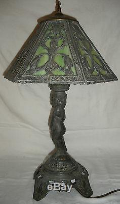 Antique Vintage Art Nouveau Stained Slag Glass Table Lamp & Shade Poul Hornison