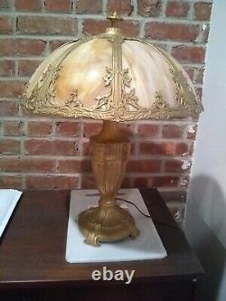 Antique Vintage Stained Slag Glass 6 Panel Lamp