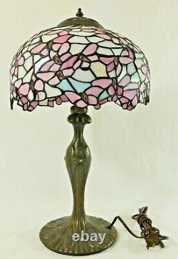 Antique/Vtg 10 Tiffany Style PINK IRIDESCENT Stained Glass Desk Table Lamp